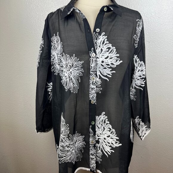 NWT Womens Multiples Black/White Embroidered 3/4 Sleeve Tunic Artsy Size L - Picture 5 of 10